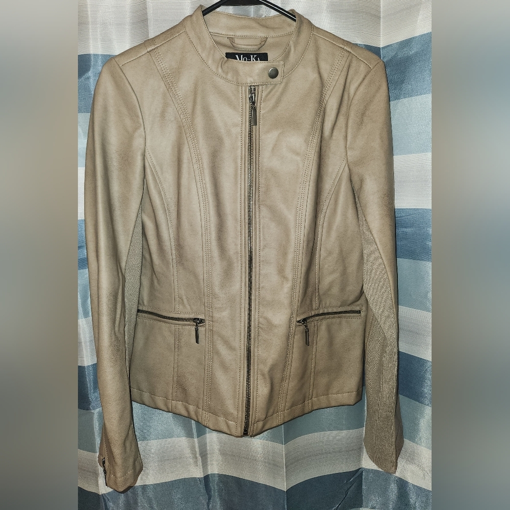 S NEW MO-KA By SantaFe Apparel Tan F Leather Moto Jacket,Pockets,Zippers,Stretch